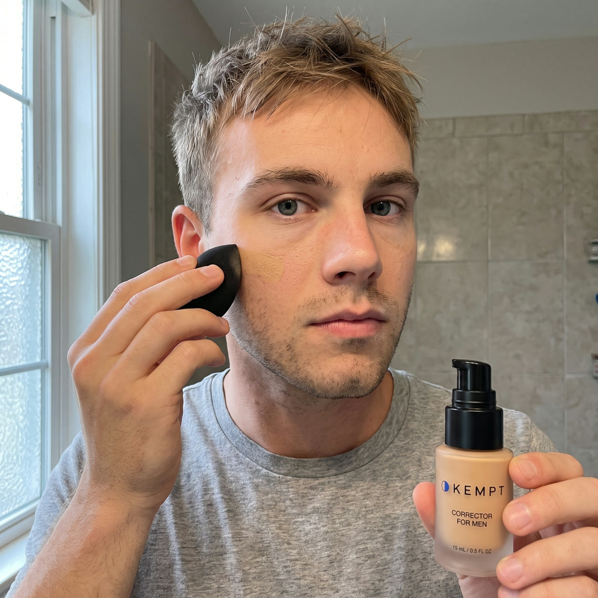 A man dabbing Kempt on his cheek with a small black sponge, the bottle in his other hand